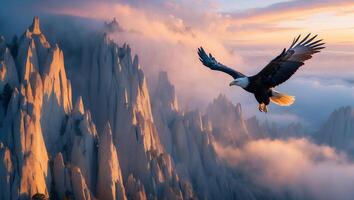 Eagle Soaring Over Misty Mountain Peaks at Sunrise, Colorful Skyline photo