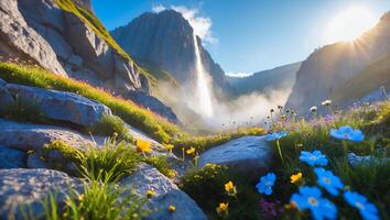 Waterfall Cascading Through Mountain Valley with Wildflower Meadow and Sunshine photo