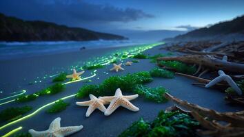 Starfish on Nighttime Beach with Glowing Bioluminescent Waves and Seaweed photo