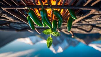 Grilling Green Jalapeno Peppers Over Fire with Mint Garnish Outside photo