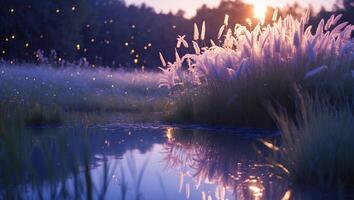 Reflecting Pond with Tall Grass in Evening Light photo