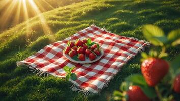 Serving Strawberries on Checkered Blanket in Sunlight on Green Grass photo