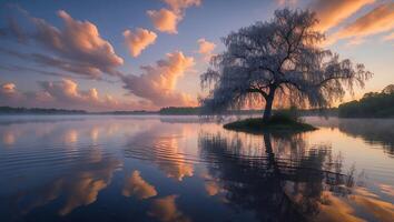 Lone Tree Reflecting in Calm Lake Water at Sunset with Clouds photo