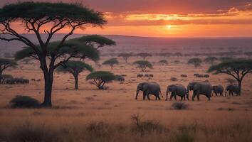 Elephants Walking Across African Savannah at Sunset Landscape Scene photo