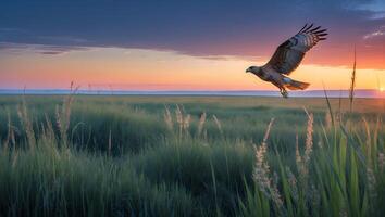 Hawk Flying Over Grassy Field During Vibrant Sunrise Nature Scene photo