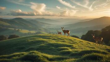 Deer Standing on Hilltop Overlooking Valley at Dawn with Wispy Clouds photo