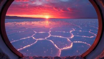 Salt Flat and Sunrise Viewed Through Circular Window Opening photo