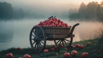Harvested Red Apples in a Wooden Cart Near a Misty Lake photo