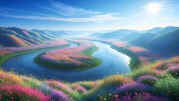 Scenic River Valley with Colorful Wildflowers and Distant Mountain Views photo