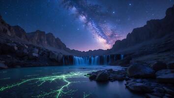 Waterfall Flowing Under Milky Way at Night with Glowing Water photo