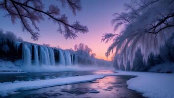 Icy Waterfall Flowing in Winter Landscape with Snow Covered Trees photo