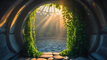 Archway with Vines and Sunlight Leading to Stone Pathway photo
