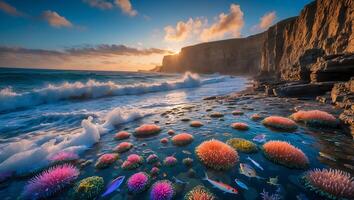 Waves Crashing on Rocky Shore at Sunset with Colorful Sea Life photo