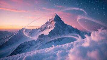 Snowy Mountain Peak Against a Pastel Sky with Curling Wind photo