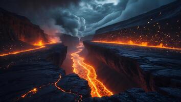 Flowing Lava River Through Rocky Canyon Under Dramatic Cloudy Sky photo