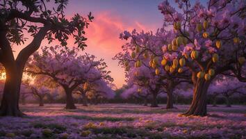 Fruit Orchard at Sunset with Blossoming Trees and Ground Fruits photo