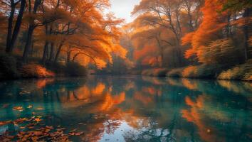 Reflecting Autumn Forest Scene with Turquoise Water and Fallen Leaves photo