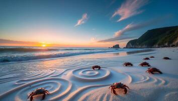 Crabs on Sandy Beach at Sunset with Abstract Sand Patterns photo