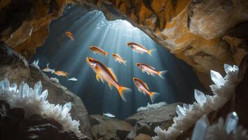 Fish Swimming Through Cave with Light Rays and Crystal Formations photo