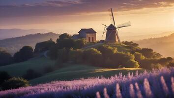 A windmill sits on a hill overlooking a valley photo