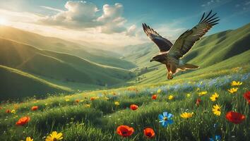 Hawk Flying Over Flowered Meadow with Rolling Green Hills Landscape photo