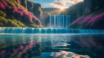 Waterfall Flows Into Calm Lake Reflecting Sky with Flower-lined Cliff photo