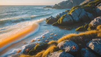 Starfish on Sandy Beach with Ocean Waves at Rocky Shoreline photo