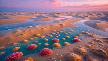 Sandy Beach with Pools Reflecting Colorful Sky and Vibrant Formations photo