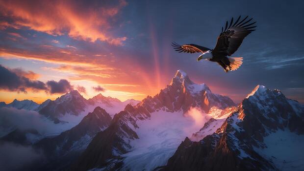 Eagle Soaring Over Snow-capped Mountains at Colorful Dawn or Dusk photo