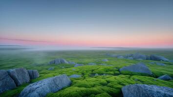 Green Mossy Field with Rocks at Dusk Serene Nature Scene photo