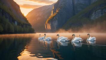 Swans Swim on Tranquil Lake Surrounded by Majestic Mountain Scenery photo