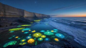 Glowing Pools on Beach Shoreline at Dusk with Waves Crashing photo