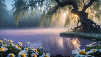 Foggy Lake Landscape with Daisies and Tree Reflection at Sunrise photo
