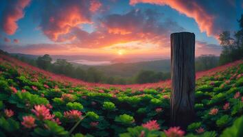 Sunset Over Flower Field with Old Wooden Post in Foreground photo