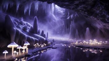 Glowing Mushrooms in a Mysterious Cave with Stalactites and Reflections photo