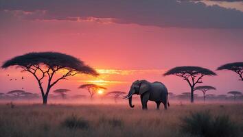 Elephant Walking in Savannah Grassland During Pink Sunset photo