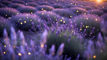 Blooming Lavender Field with Magical Golden Lights at Sunset Hour photo