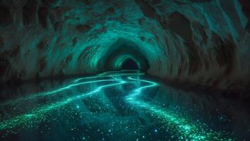Glowing River Flows Through a Mysterious Cave with Turquoise Lighting photo