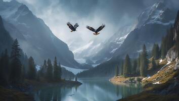 Eagles Soaring Over Tranquil Mountain Lake Surrounded by Snow Capped Peaks photo