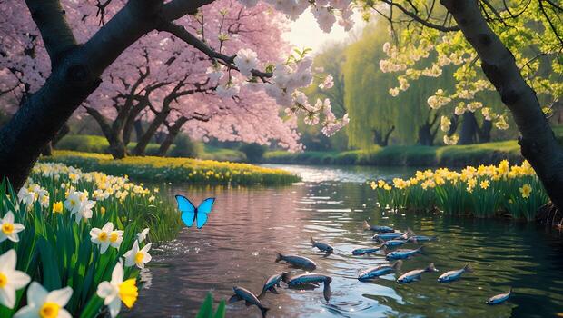 primavera flores y río fluido con pescado y mariposa volador foto