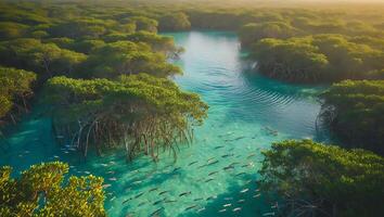 Aerial View of Mangrove Trees and Clear Water with Fish photo