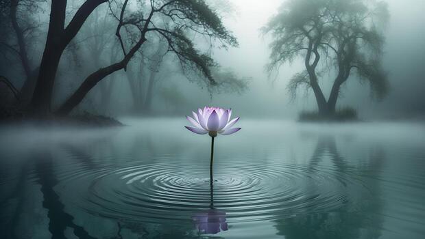 Water Lily Floating on Foggy Lake with Trees and Ripples photo