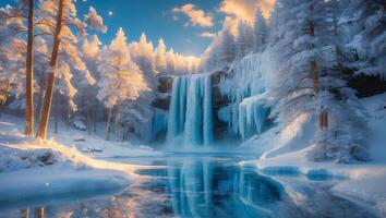 Waterfall Flowing in a Snowy Winter Landscape with Frozen Trees photo