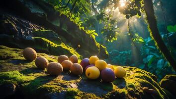 Assorted Fruits Displayed on Mossy Rock in Tropical Forest photo