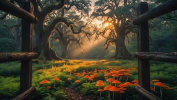 Entering Enchanted Forest with Mushrooms and Sunlight Through Old Trees photo