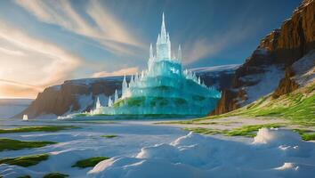 Majestic Ice Castle Rising From Snow Covered Landscape with Dramatic Sky photo