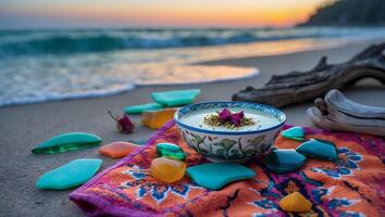 Bowl of Food at Beach Near Ocean with Colorful Towel photo