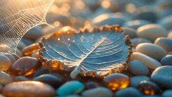 Leaf Resting on Smooth Stones with Glimmering Sunlight and Cobweb photo