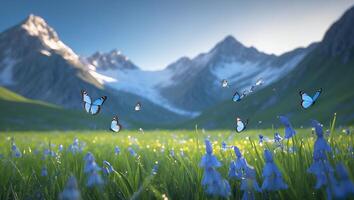 Butterflies Flying Over a Mountain Meadow with Bluebell Flowers photo