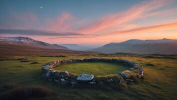 Stone Circle in Grassy Field with Mountains Under Colorful Sunset Sky photo